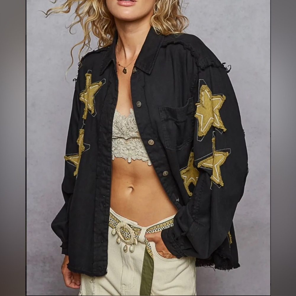 POL Star Patch Raw Hem Button Up Denim Jacket Medium